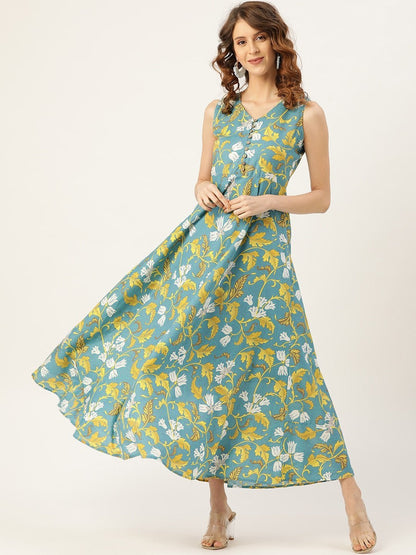 Women's Turquoise Floral Sleeveless Flared Kurta Dress