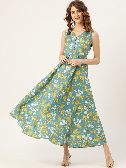 Women's Turquoise Floral Sleeveless Flared Kurta Dress