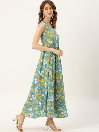 Women's Turquoise Floral Sleeveless Flared Kurta Dress