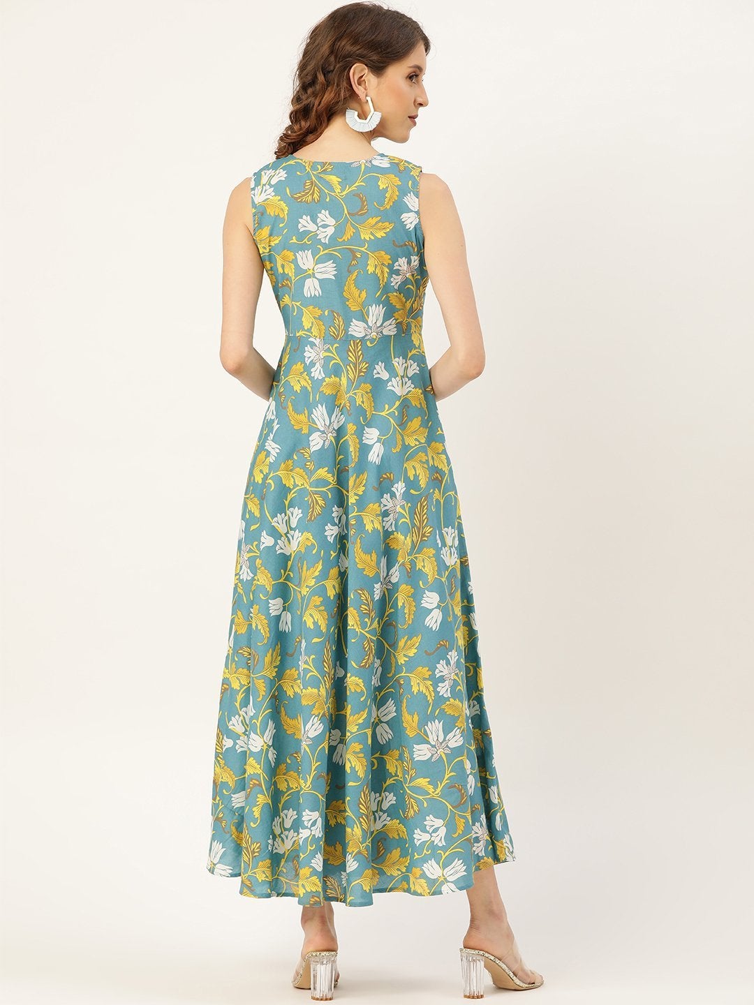 Women's Turquoise Floral Sleeveless Flared Kurta Dress