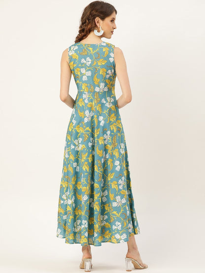 Women's Turquoise Floral Sleeveless Flared Kurta Dress
