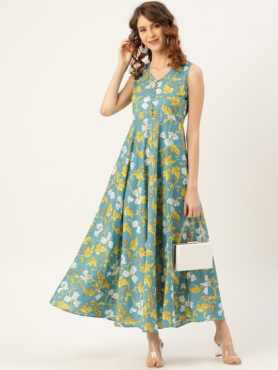 Women's Turquoise Floral Sleeveless Flared Kurta Dress