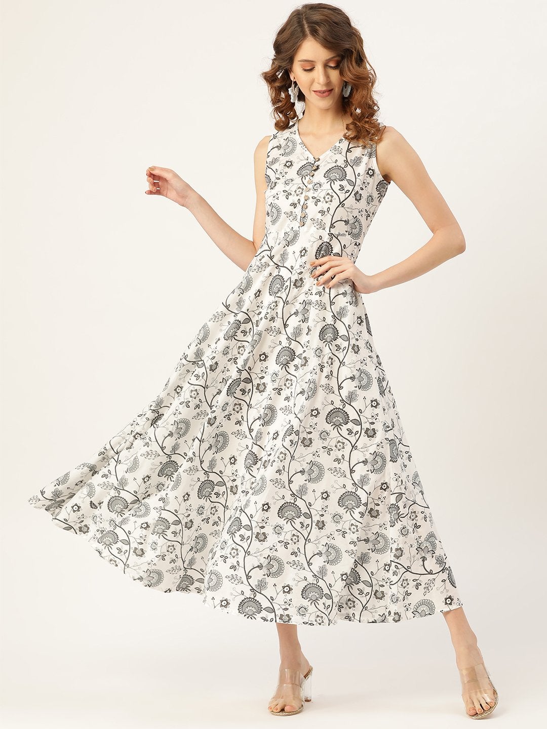 Women's Grey Floral Sleeveless Flared Kurta Dress