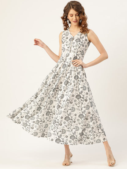 Women's Grey Floral Sleeveless Flared Kurta Dress