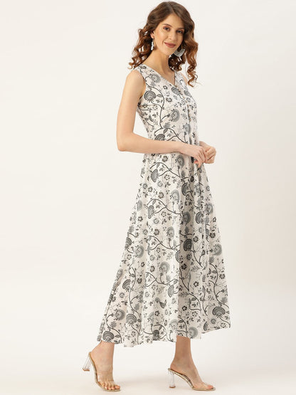 Women's Grey Floral Sleeveless Flared Kurta Dress