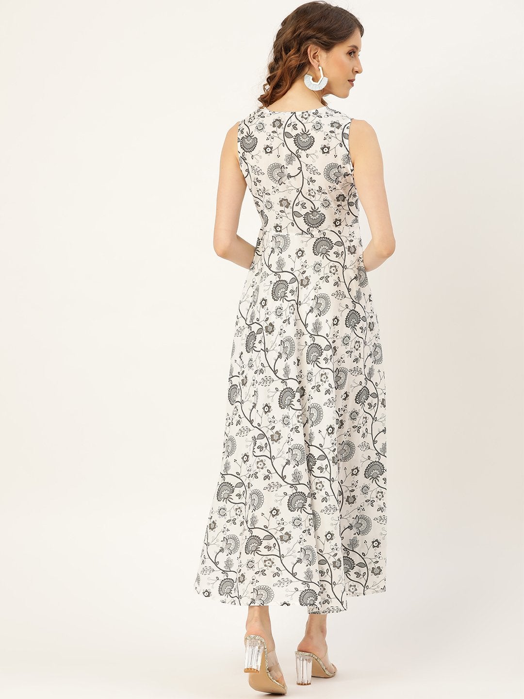 Women's Grey Floral Sleeveless Flared Kurta Dress