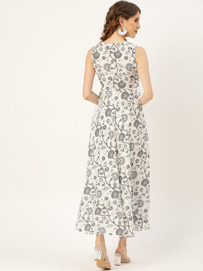 Women's Grey Floral Sleeveless Flared Kurta Dress