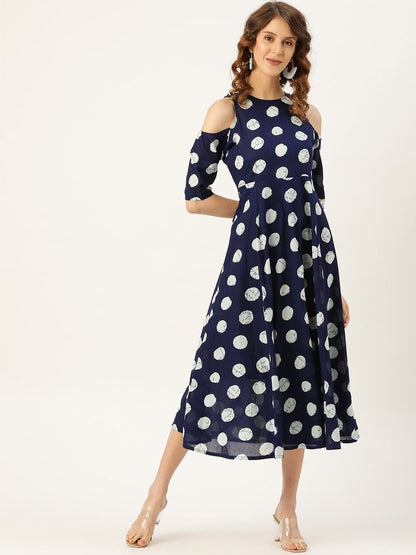 Women's Navy Polka Cold Shoulder Midi Kurta Dress