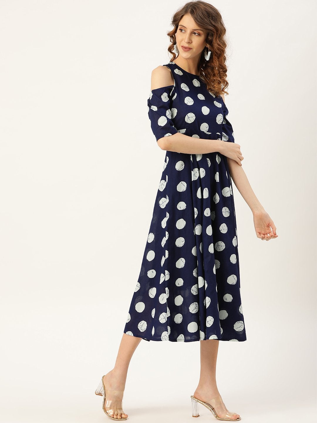 Women's Navy Polka Cold Shoulder Midi Kurta Dress