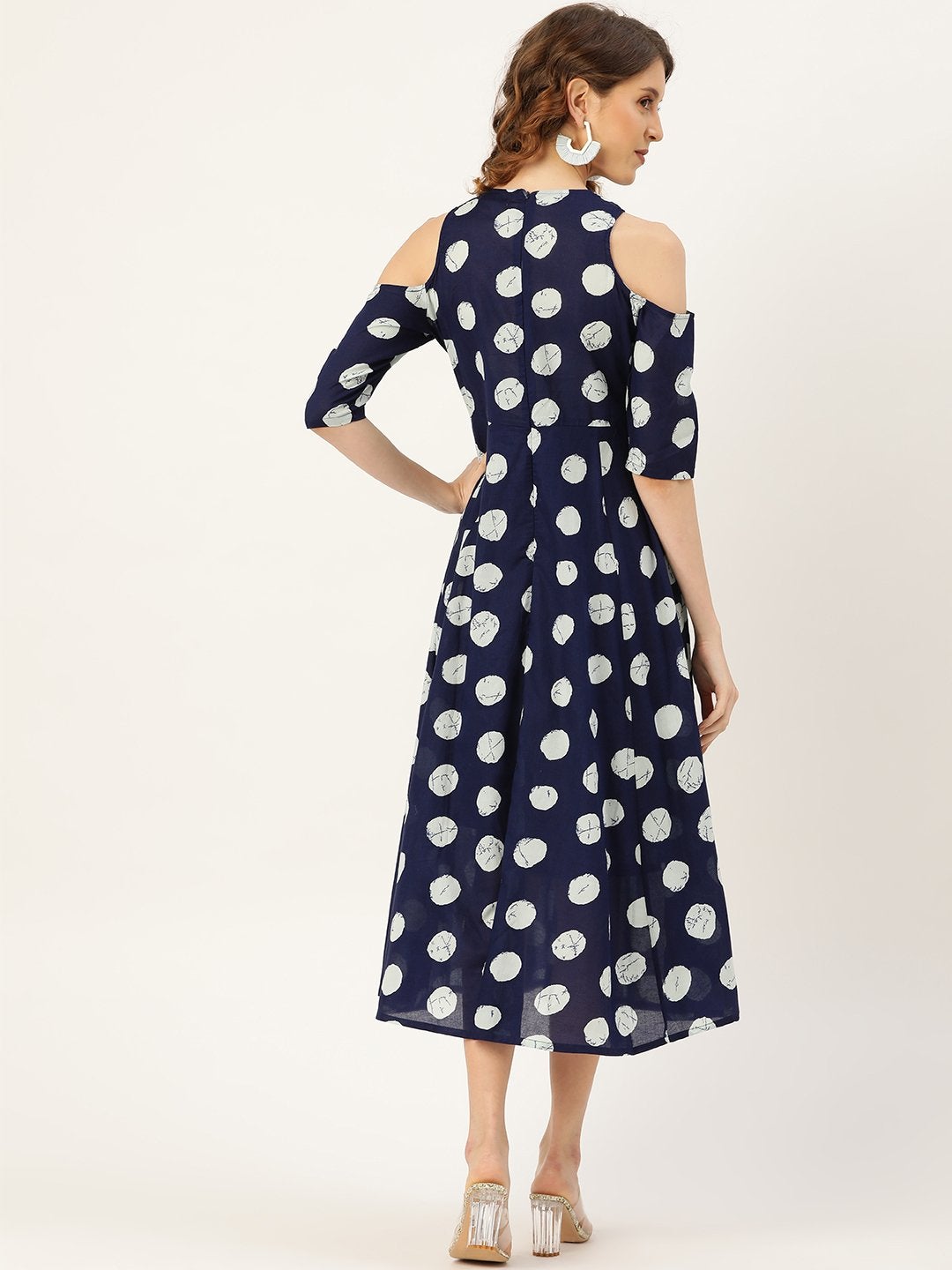 Women's Navy Polka Cold Shoulder Midi Kurta Dress