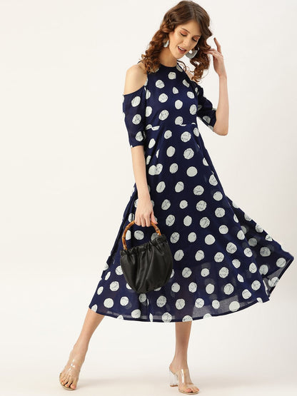 Women's Navy Polka Cold Shoulder Midi Kurta Dress