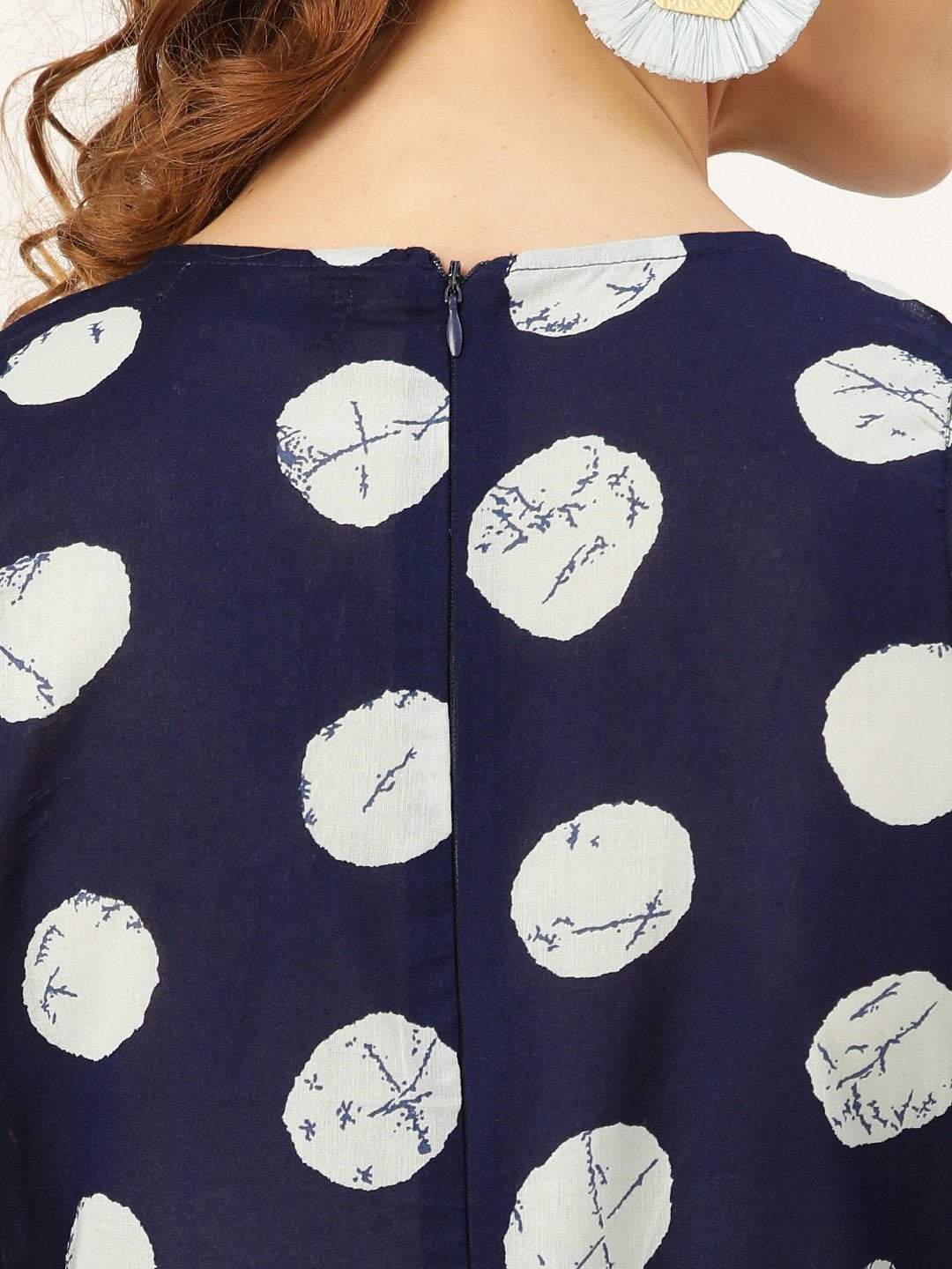 Women's Navy Polka Cold Shoulder Midi Kurta Dress