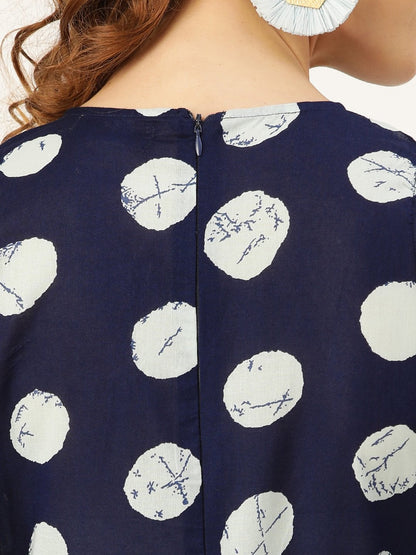 Women's Navy Polka Cold Shoulder Midi Kurta Dress