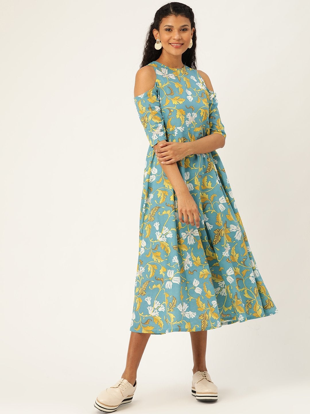 Women's Turquoise Floral Cold Shoulder Midi Kurta Dress