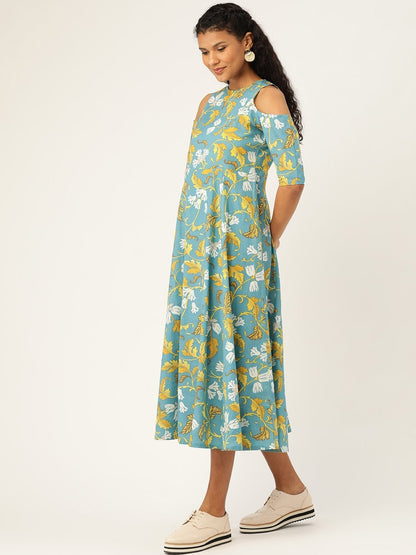 Women's Turquoise Floral Cold Shoulder Midi Kurta Dress