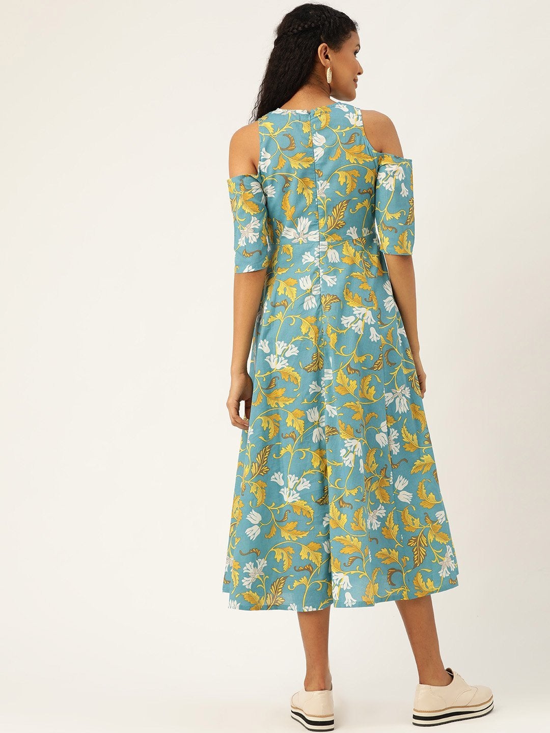 Women's Turquoise Floral Cold Shoulder Midi Kurta Dress