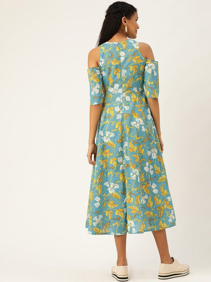 Women's Turquoise Floral Cold Shoulder Midi Kurta Dress