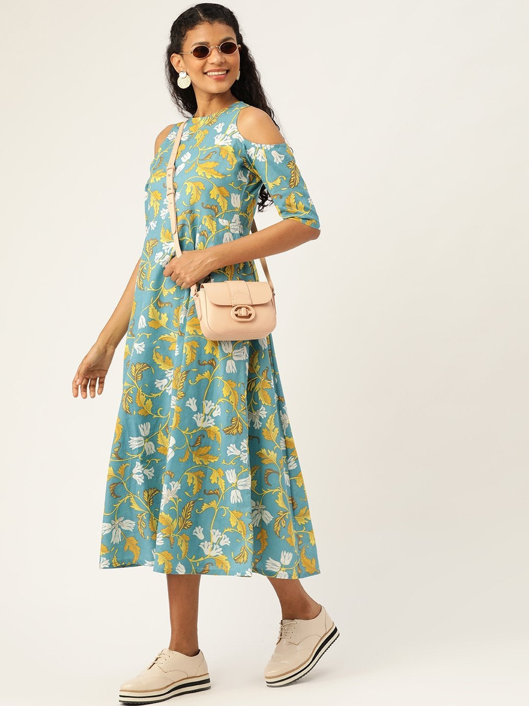 Women's Turquoise Floral Cold Shoulder Midi Kurta Dress