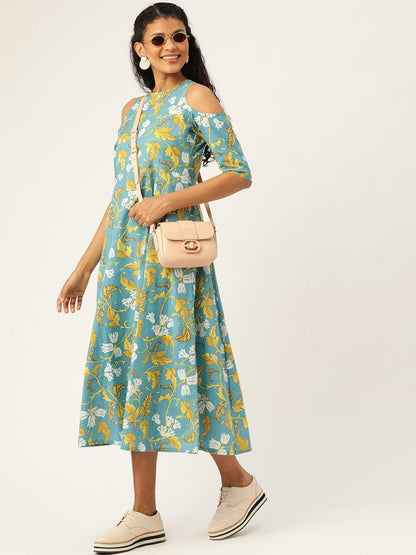 Women's Turquoise Floral Cold Shoulder Midi Kurta Dress