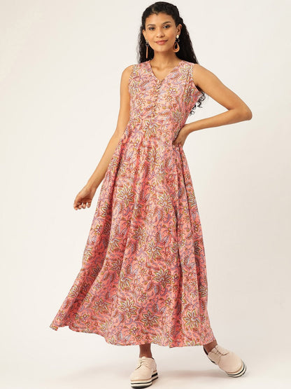Women's Pink Floral Sleeveless Flared Kurta Dress