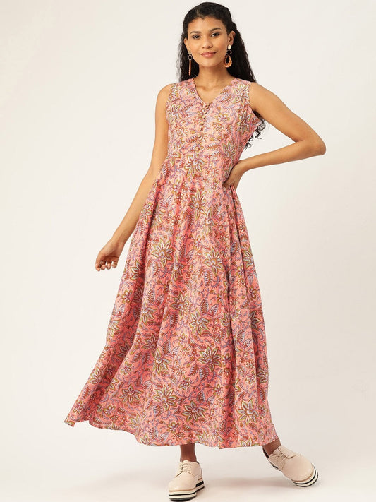 Women's Pink Floral Sleeveless Flared Kurta Dress