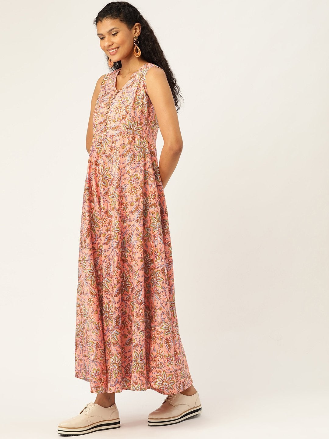 Women's Pink Floral Sleeveless Flared Kurta Dress