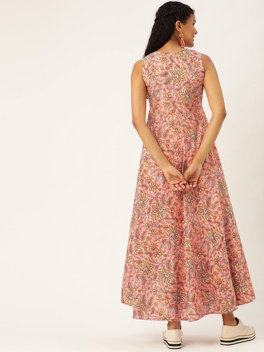 Women's Pink Floral Sleeveless Flared Kurta Dress