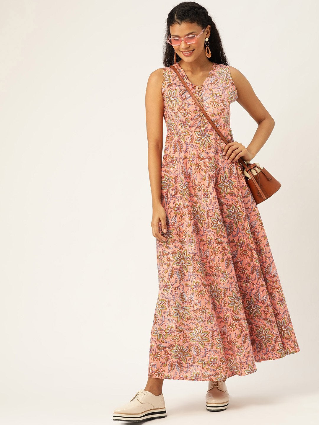Women's Pink Floral Sleeveless Flared Kurta Dress