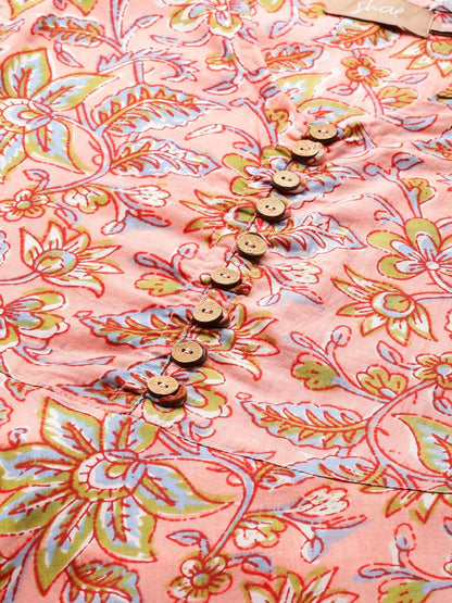 Women's Pink Floral Sleeveless Flared Kurta Dress