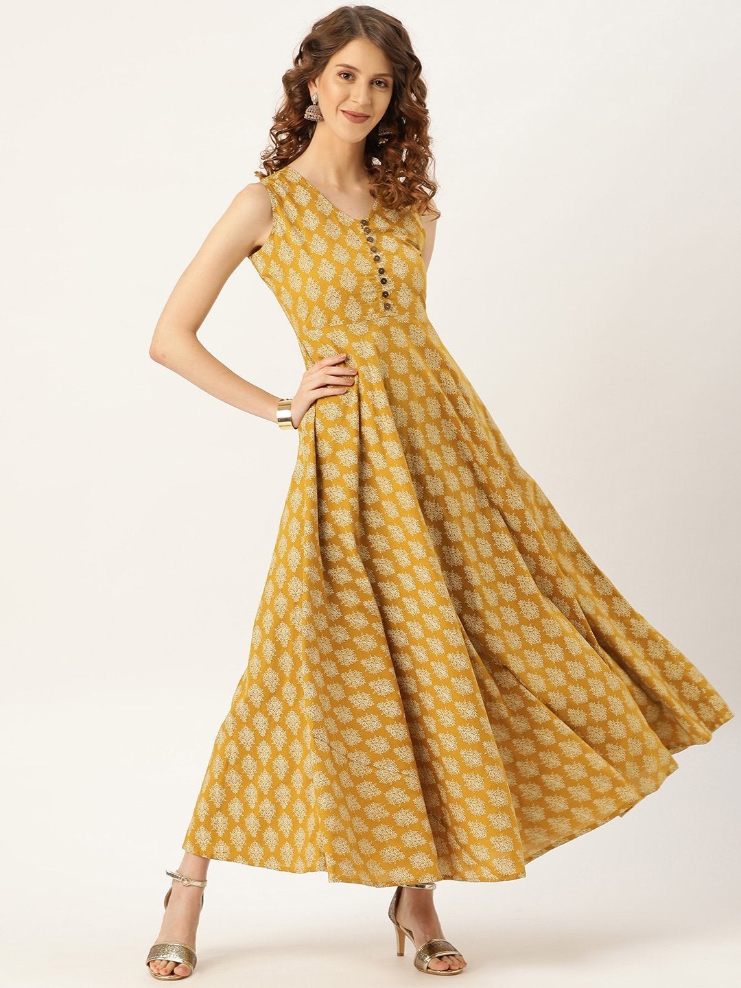 Women's Mustard Floral Sleeveless Flared Kurta Dress