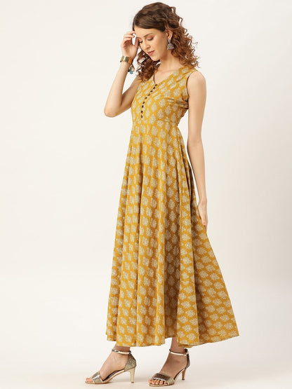 Women's Mustard Floral Sleeveless Flared Kurta Dress