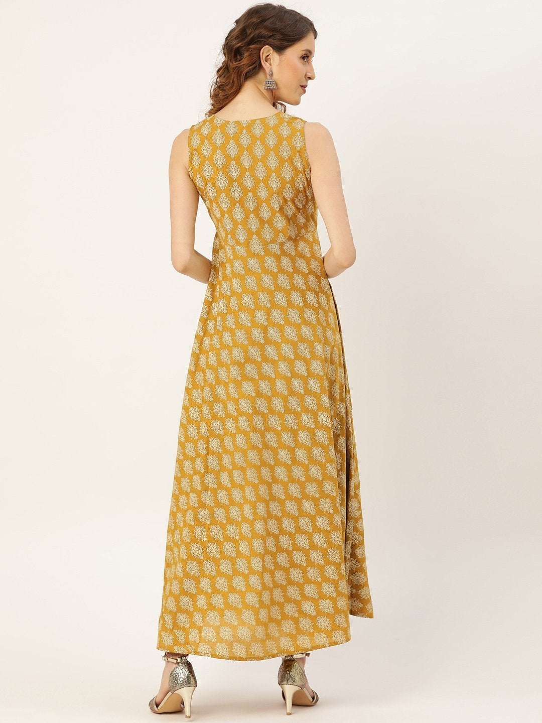 Women's Mustard Floral Sleeveless Flared Kurta Dress