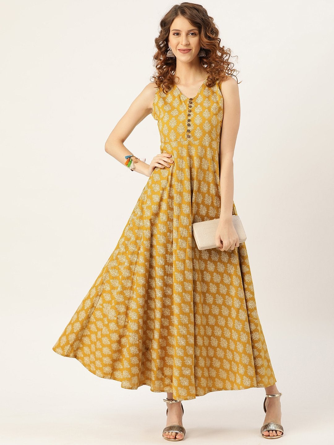 Women's Mustard Floral Sleeveless Flared Kurta Dress