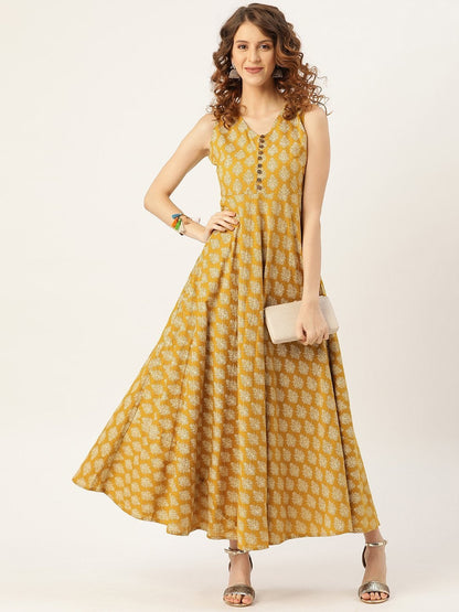 Women's Mustard Floral Sleeveless Flared Kurta Dress