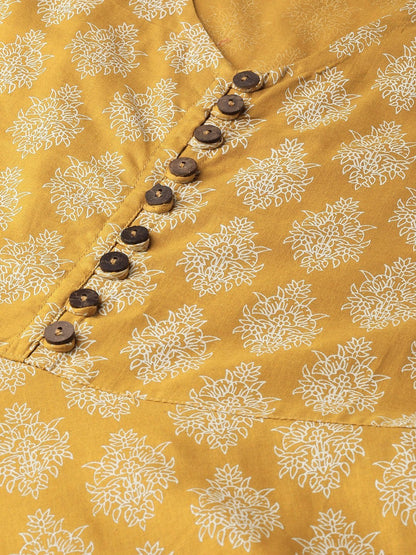 Women's Mustard Floral Sleeveless Flared Kurta Dress