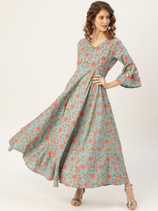 Women's Teal Blue Floral Flared Kurta Dress