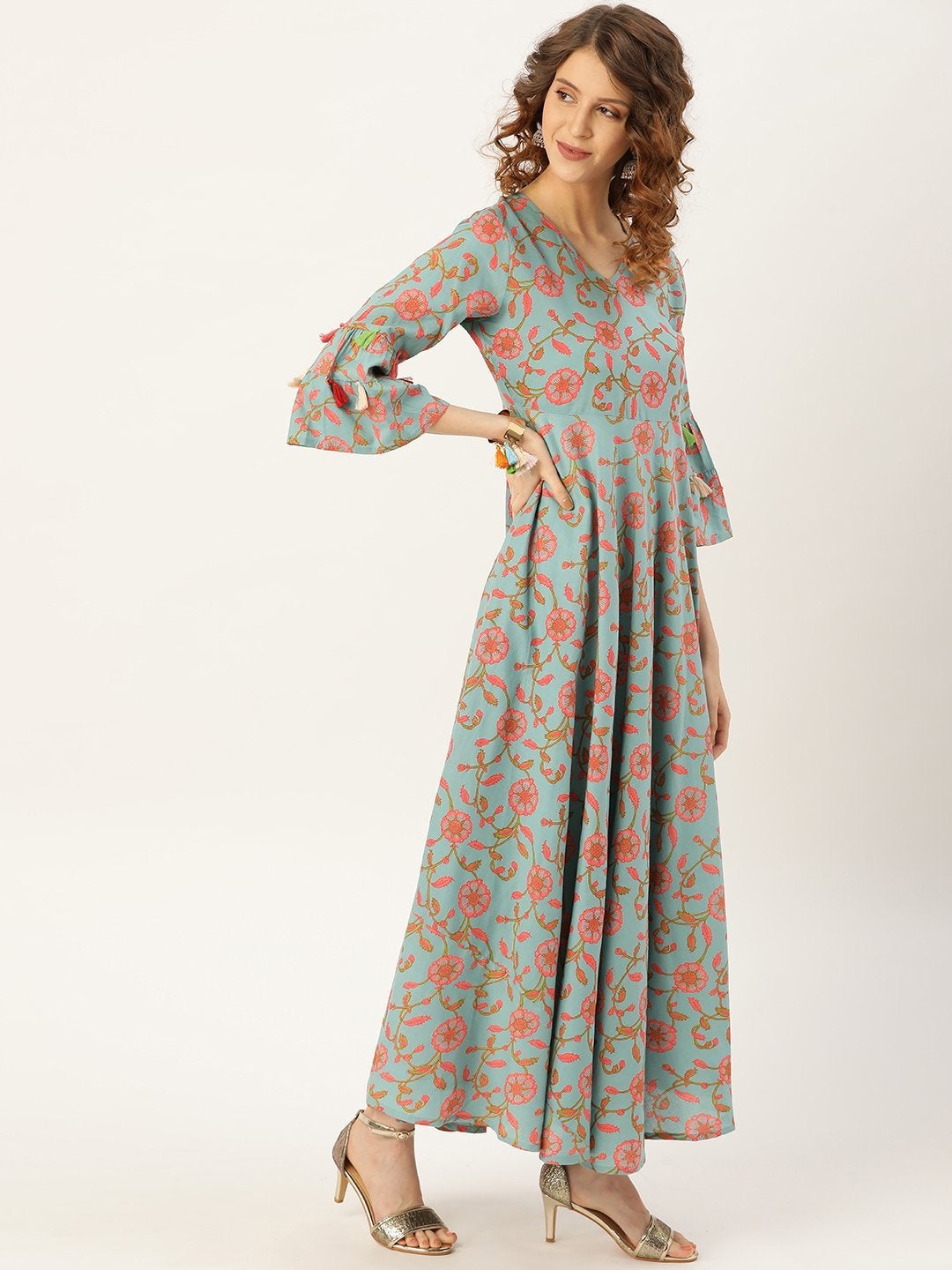 Women's Teal Blue Floral Flared Kurta Dress