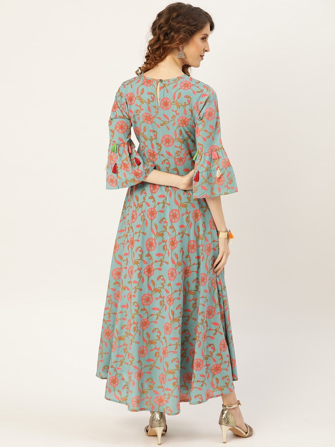 Women's Teal Blue Floral Flared Kurta Dress