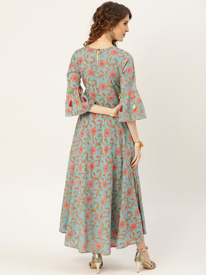 Women's Teal Blue Floral Flared Kurta Dress