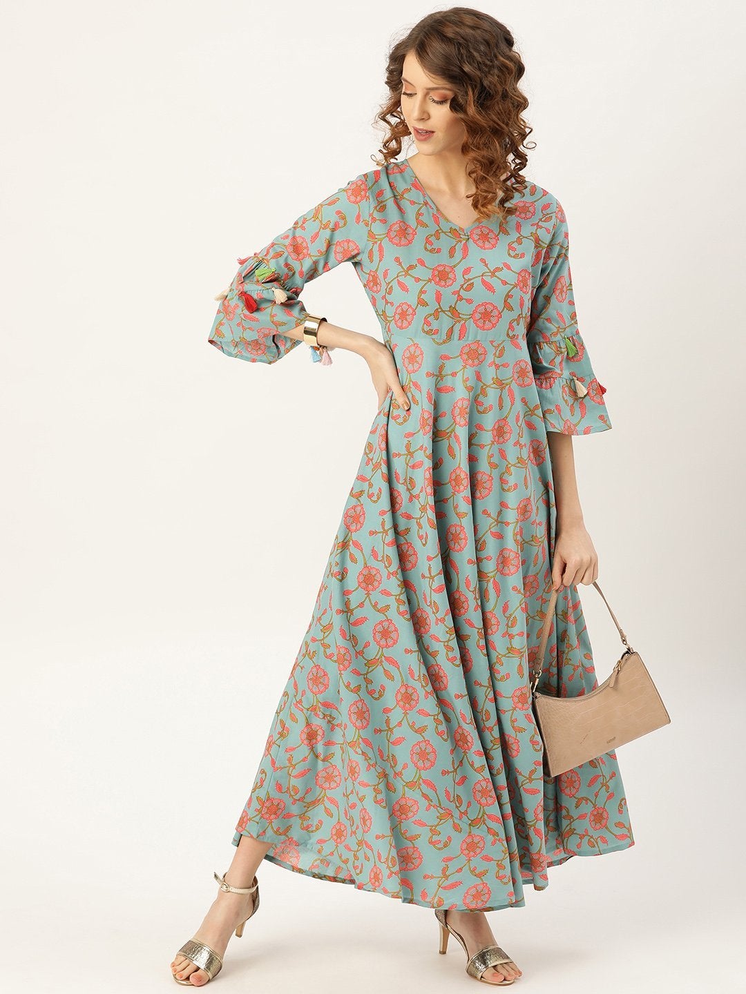 Women's Teal Blue Floral Flared Kurta Dress