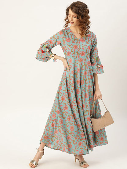 Women's Teal Blue Floral Flared Kurta Dress