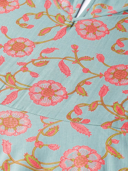 Women's Teal Blue Floral Flared Kurta Dress