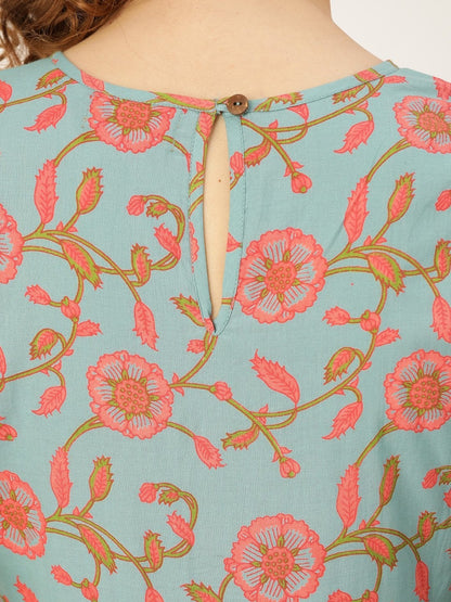 Women's Teal Blue Floral Flared Kurta Dress