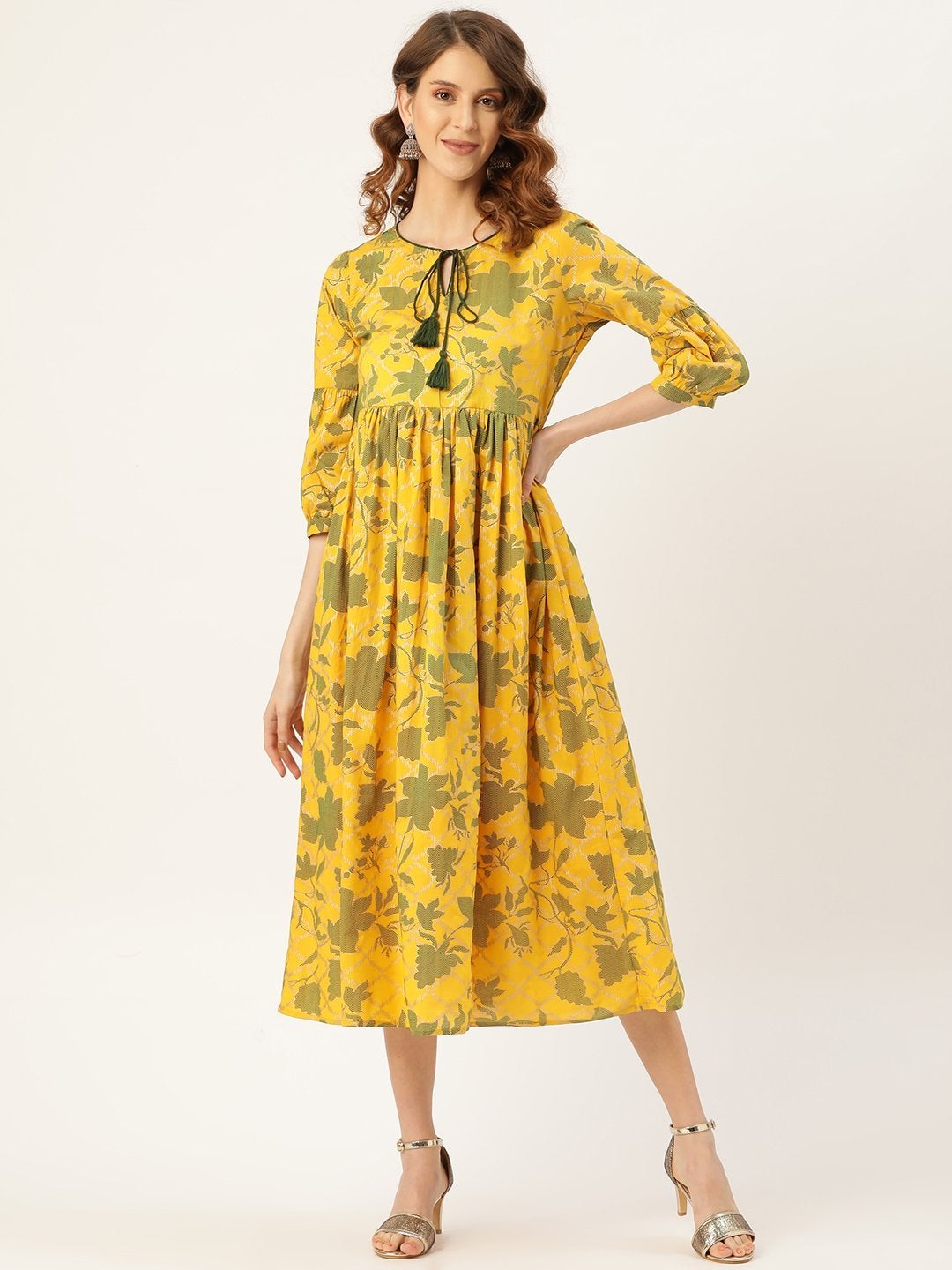 Women's Mustard Foil Floral Foil Gathered Kurta Dress