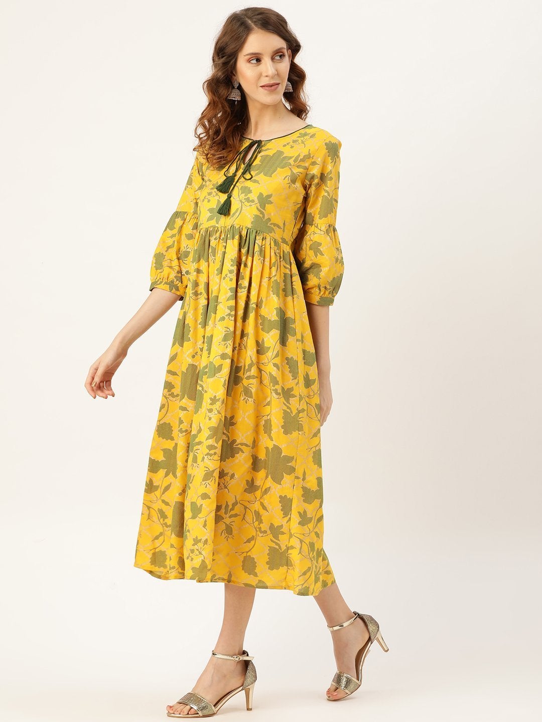 Women's Mustard Foil Floral Foil Gathered Kurta Dress