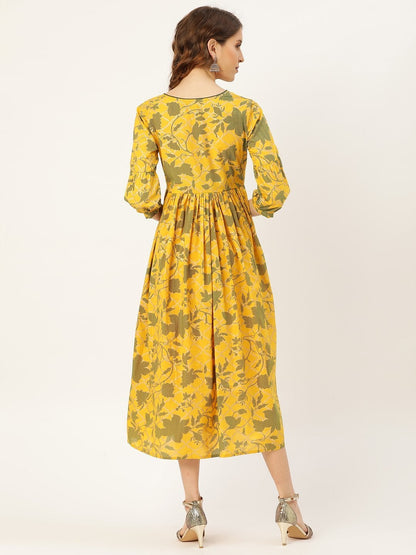 Women's Mustard Foil Floral Foil Gathered Kurta Dress