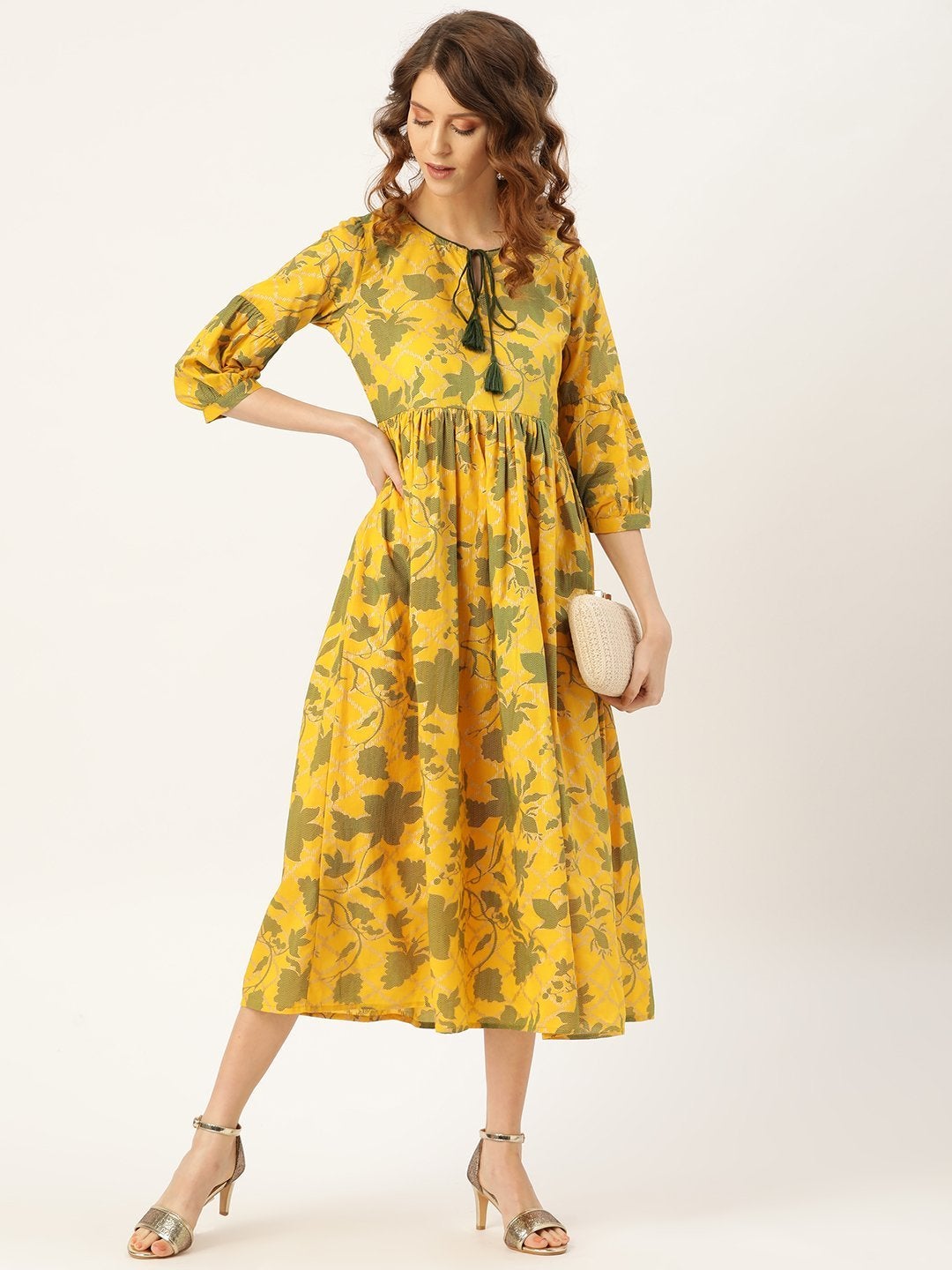 Women's Mustard Foil Floral Foil Gathered Kurta Dress