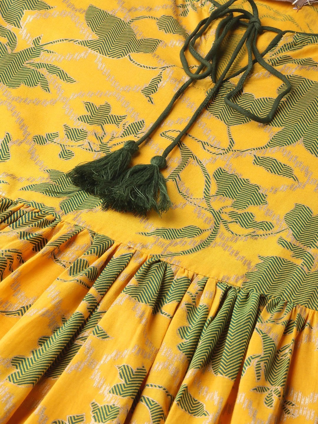 Women's Mustard Foil Floral Foil Gathered Kurta Dress