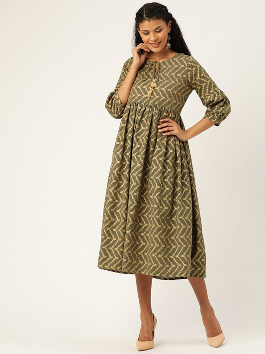 Women's Olive Foil Chevron Gathered Kurta Dress
