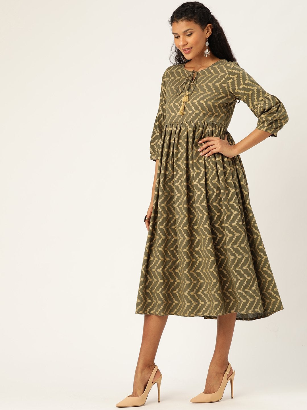 Women's Olive Foil Chevron Gathered Kurta Dress